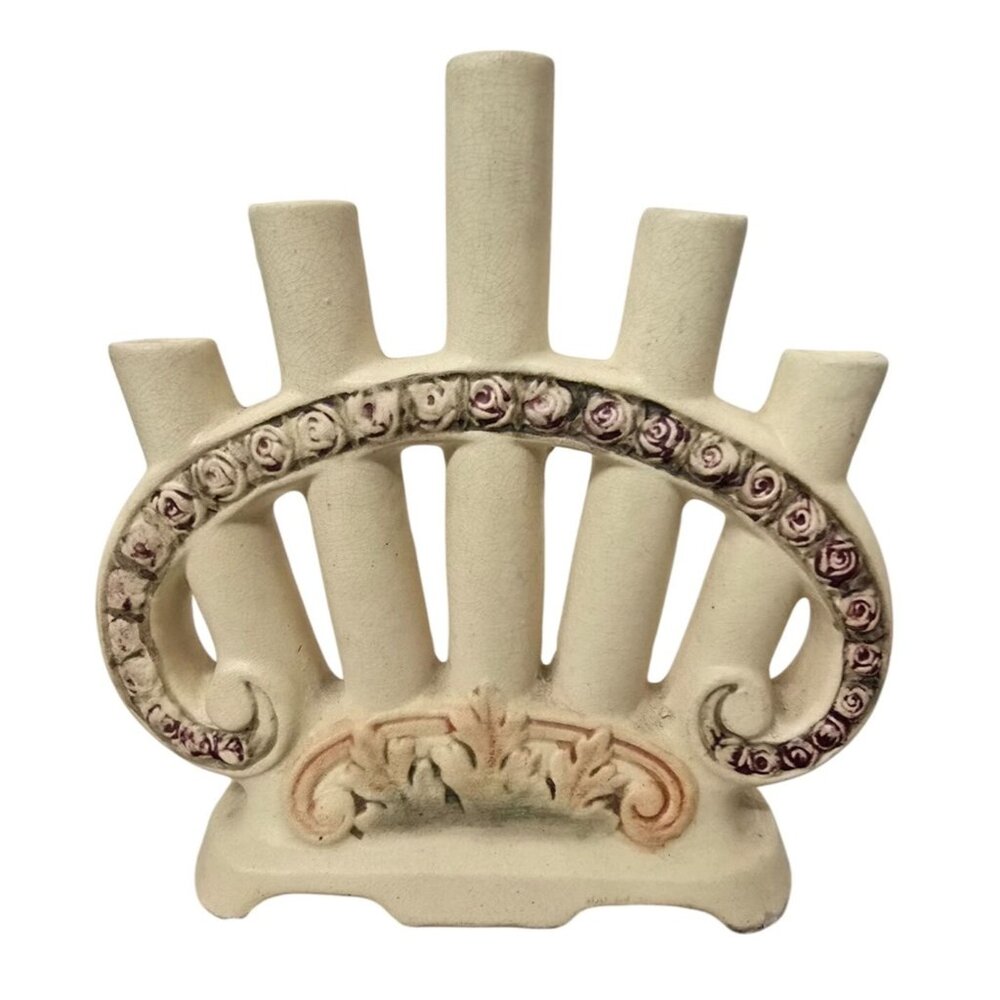 8" Weller 5 Bud Roma Floral Vase Scroll Pink Rose Detail